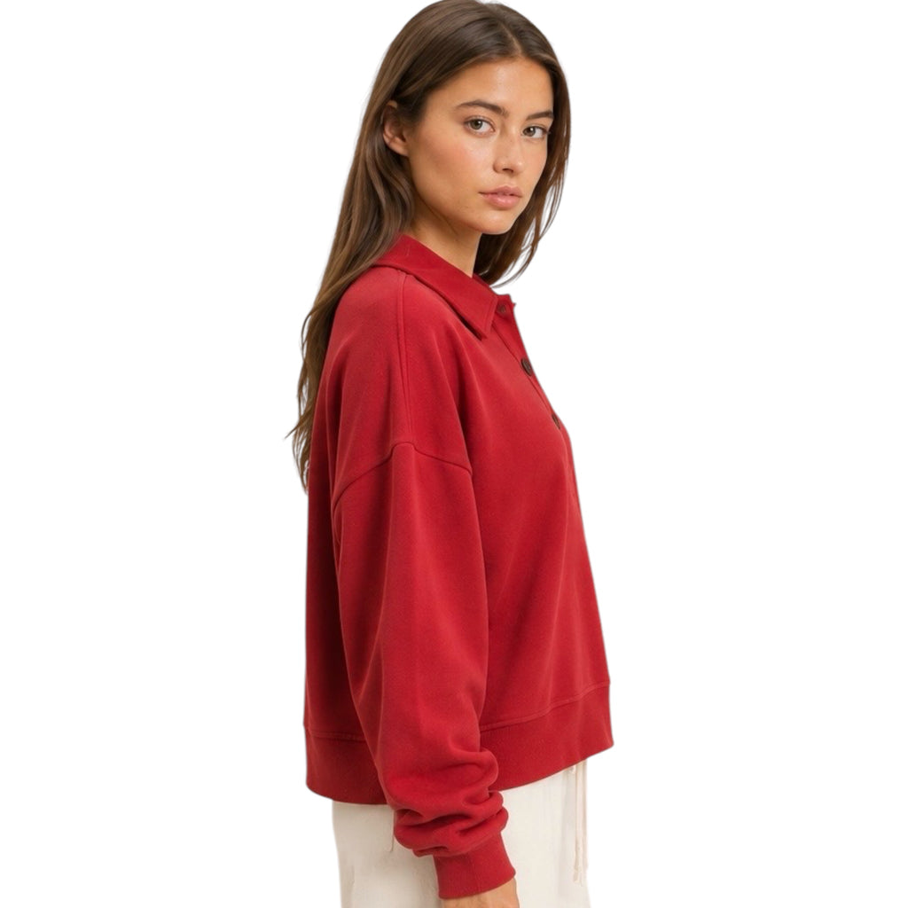 Dark Red Washed Collared Sweatshirt