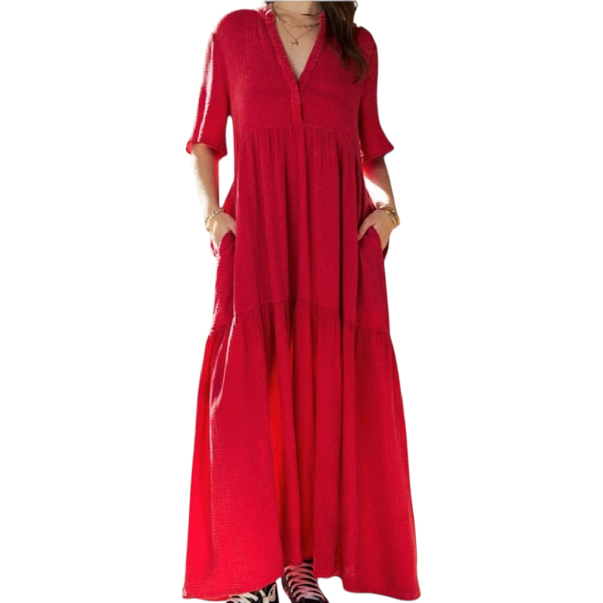 Cherry Red Garment Washed Flowy Short Sleeve Maxi Dress