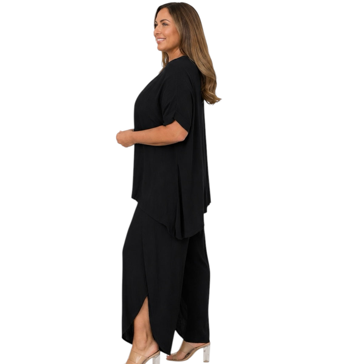 Curvy Flowy Short Sleeve Black Two Piece Pant Set