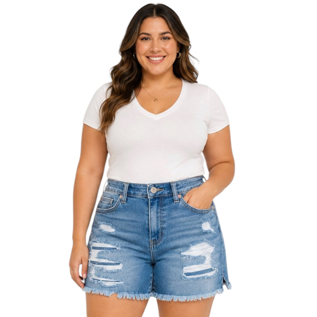JB150122PL Patched Side Slit Cutoff Shorts