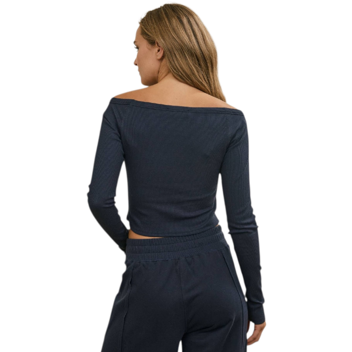 Navy Off Shoulder Long Sleeve Crop Knit Top