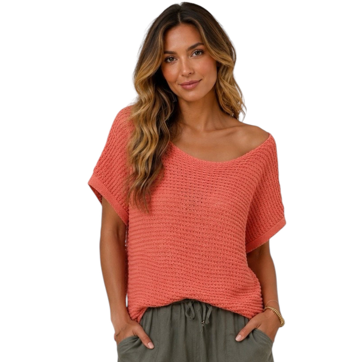 Coral Crew Neck Knitted Baggy Sleeve Sweater