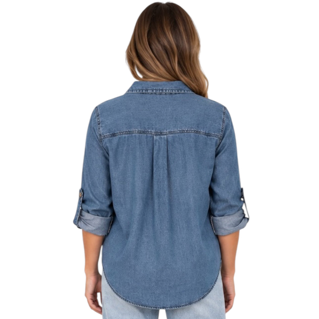 Chambray Button Up Top with Roll Tab Sleeves