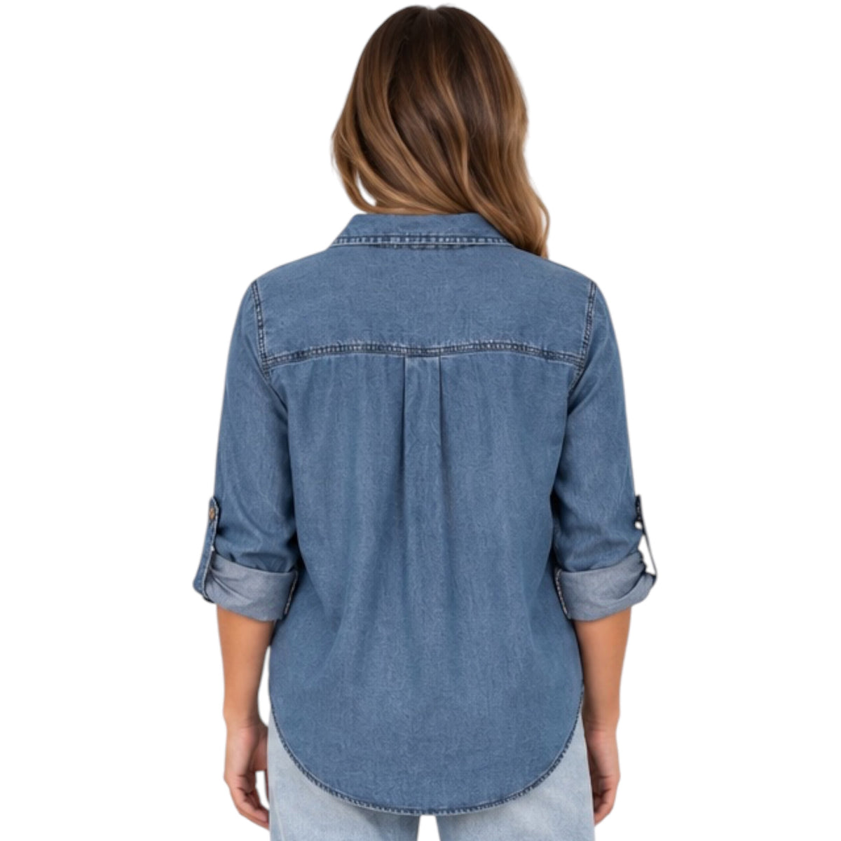 Chambray Button Up Top with Roll Tab Sleeves