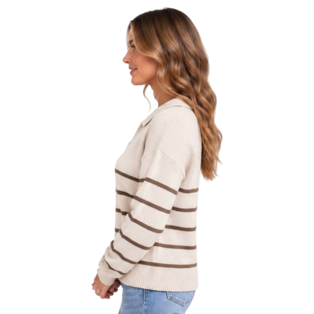 Brown Collared Stripe Sweater Top
