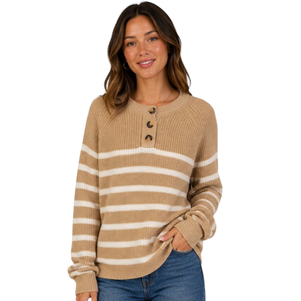 Cream/Taupe Striped Henley Sweater