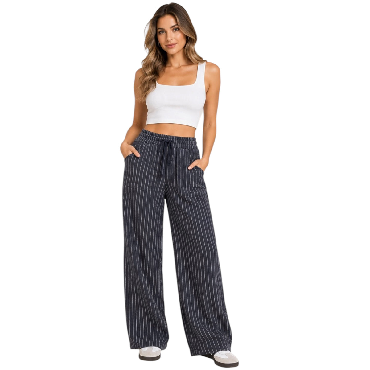 Navy Pinstripe Sweatpant with Elastic Waist
