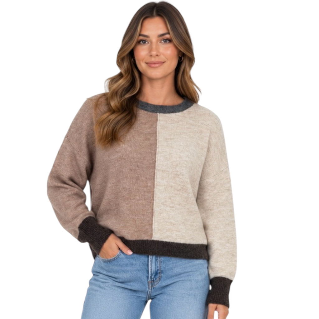 Khaki Multi Colorblock Front Seam Long Sleeve Knit Sweater