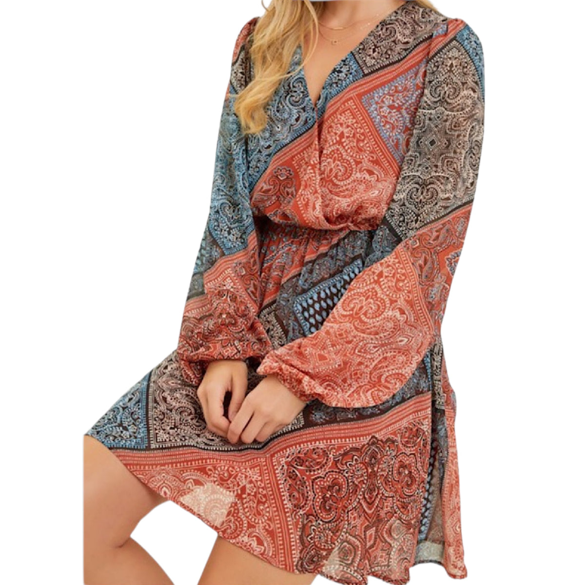 Black Multi Scarf Printed Chiffon Wrap Dress with Balloon Sleeves