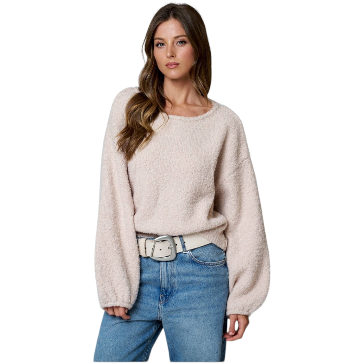 Light Khaki Fuzzy Knit Pullover Sweater