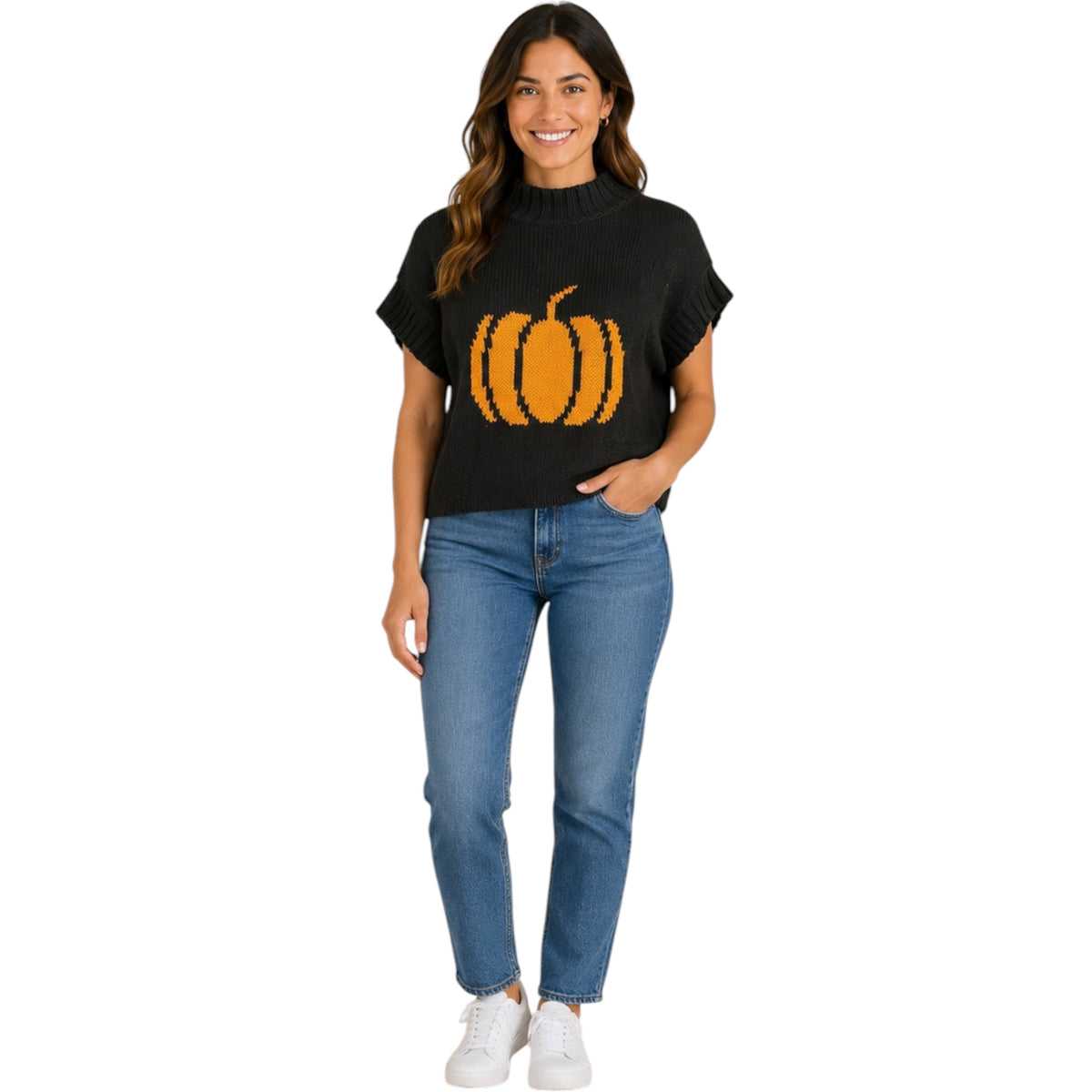 Black Sleeveless Sweater with Pumpkin Pattern High Neckline