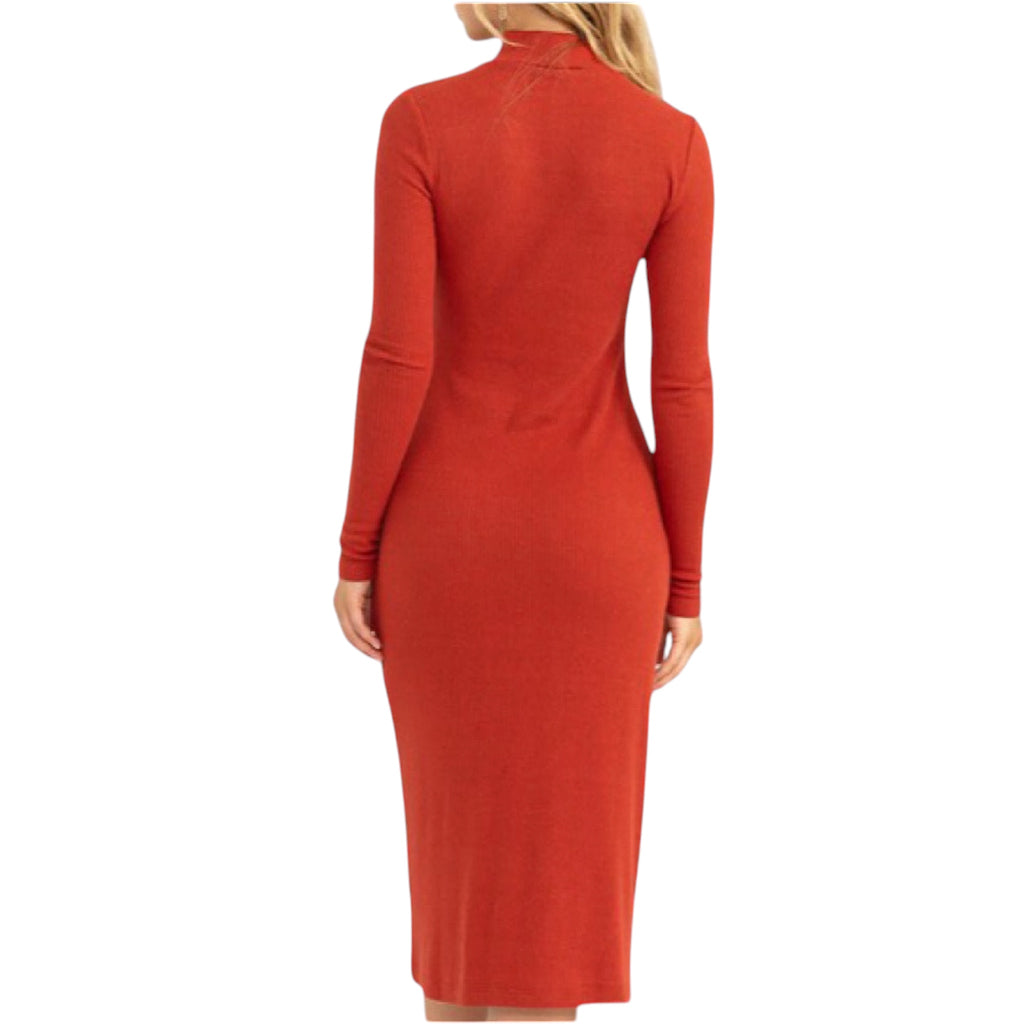 Brick Ribbed High Neck Midi Dress