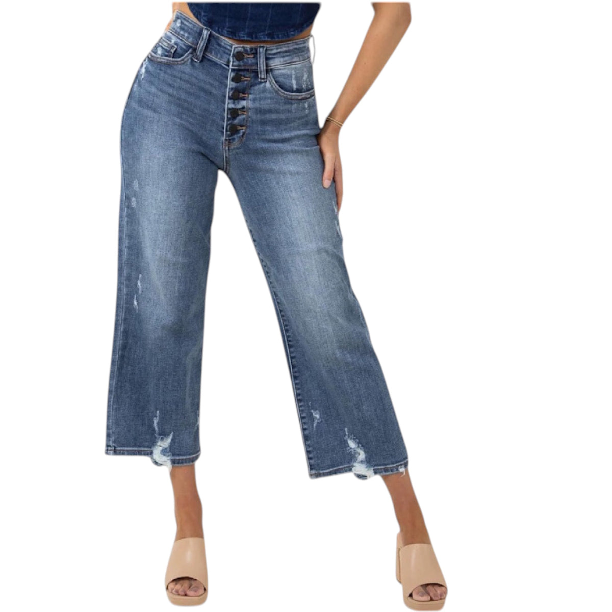 Judy Blue JB82509 Medium Wash H/W Button Fly Wide Leg Crop with Destroy