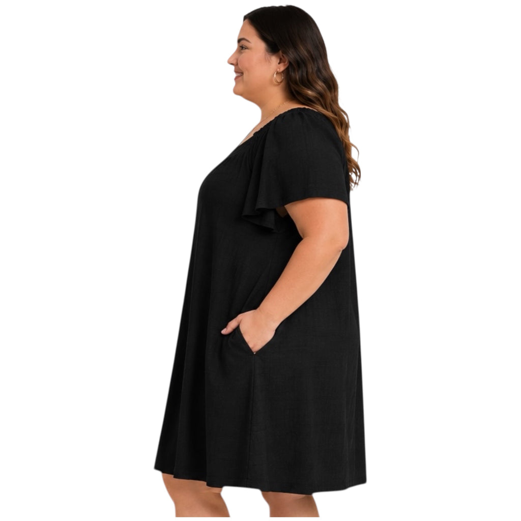 Plus Black Textured Ruffle Off Shoulder Shift Dress