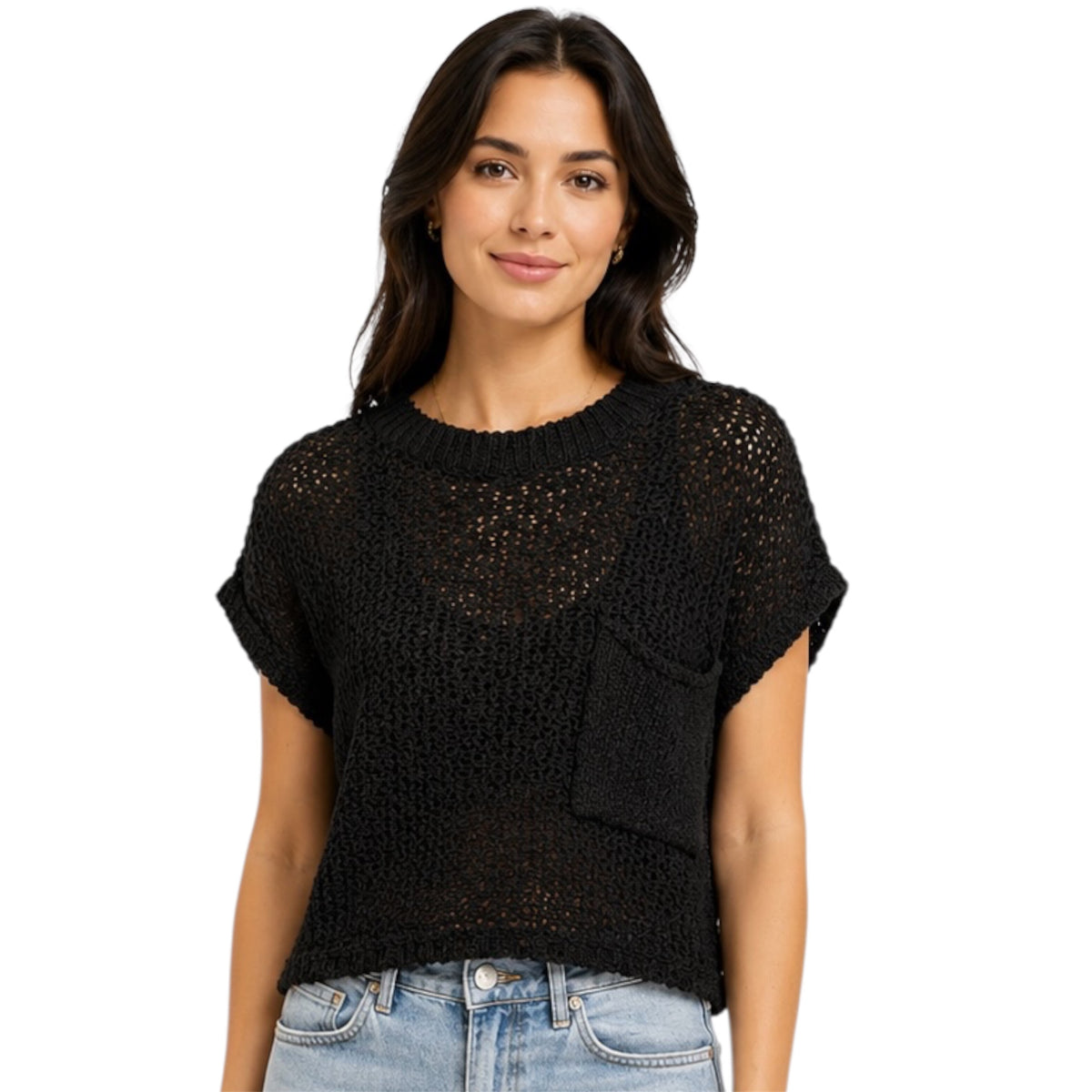 Black Knitted Sweater Top with Pocket Detail