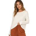 Off White Round Neck Long Sleeve Curved Hem Top