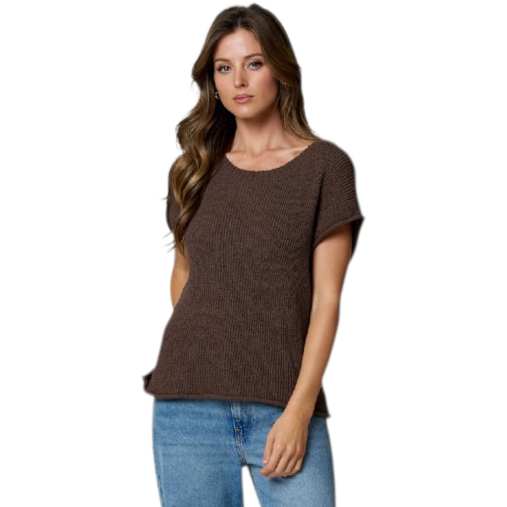 Chocolate Brown Relaxed Cap Sleeve Sweater Top