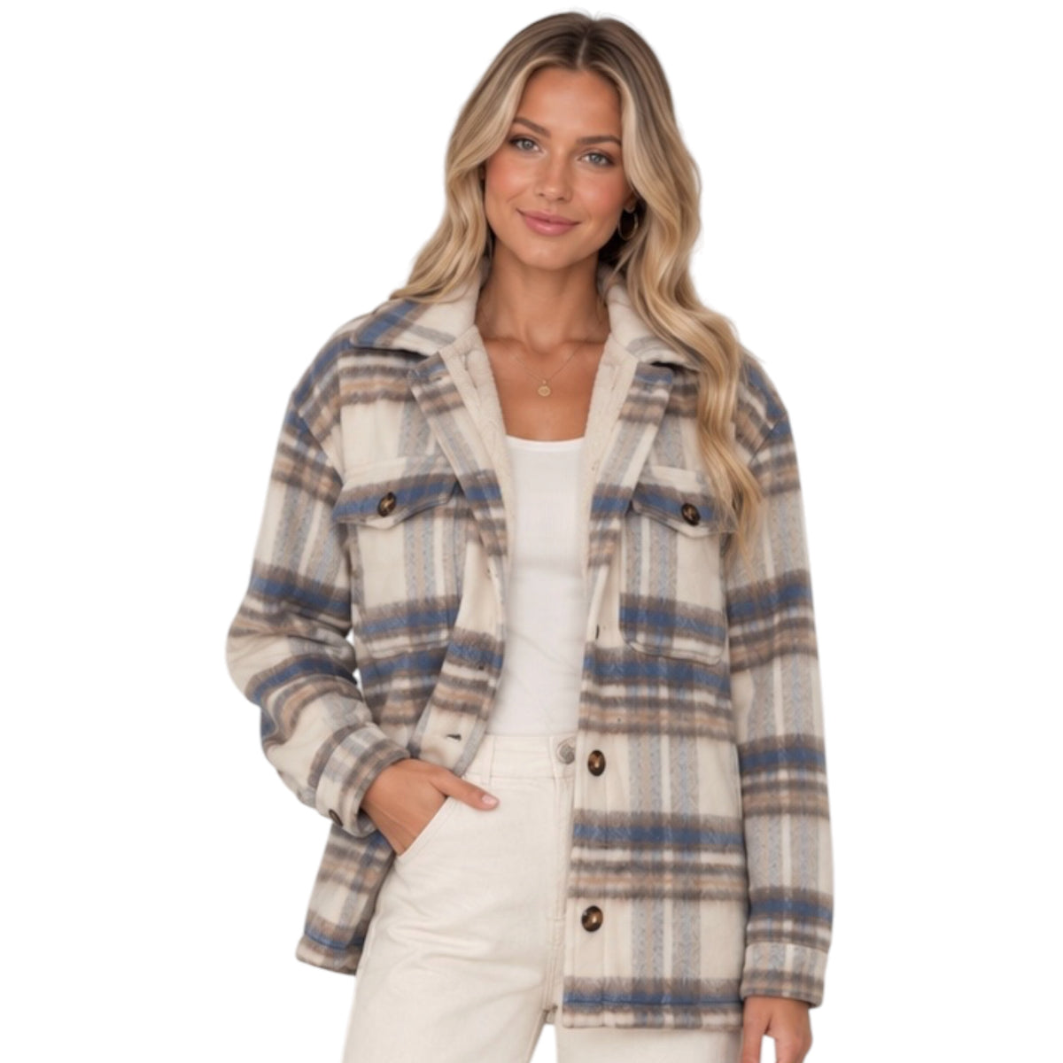 Cream/Blue Plaid Fur Lined Shacket