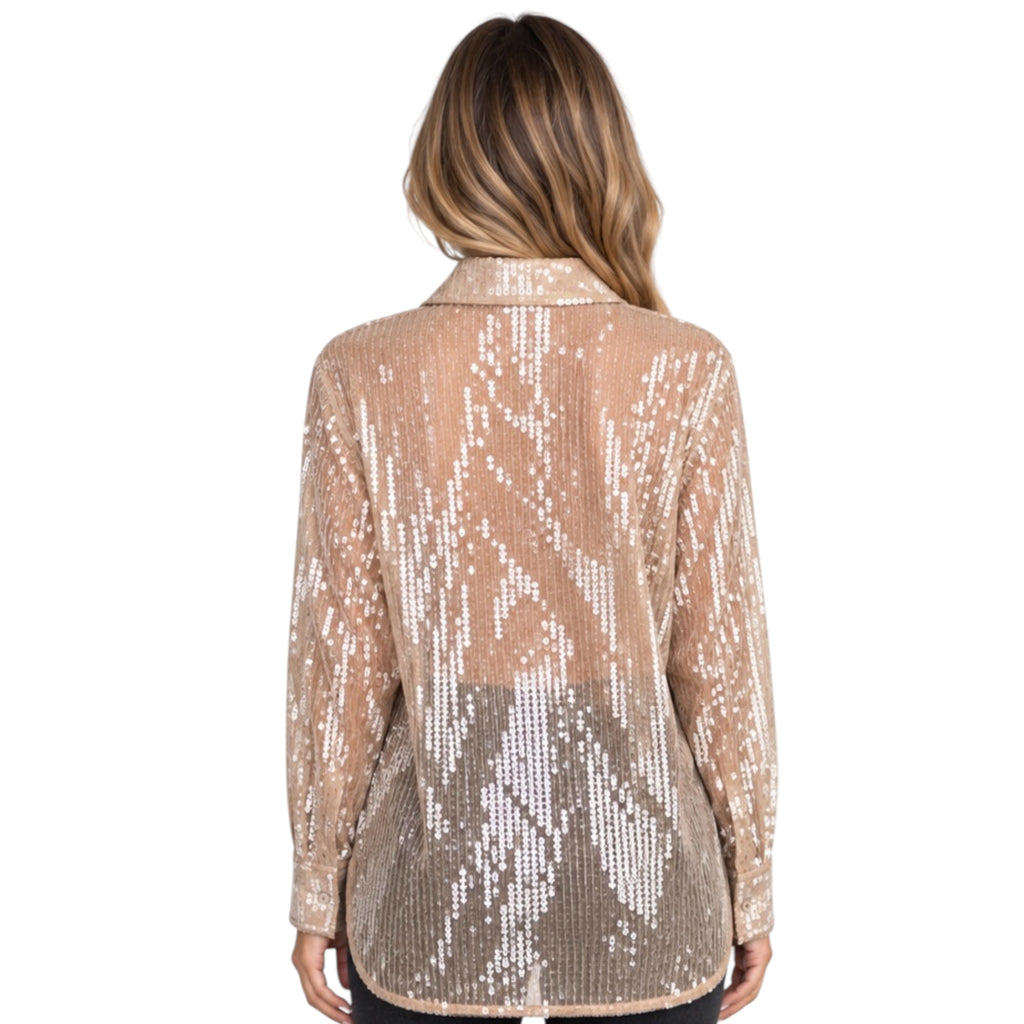 Taupe Sequin Collard Button Down Shirt