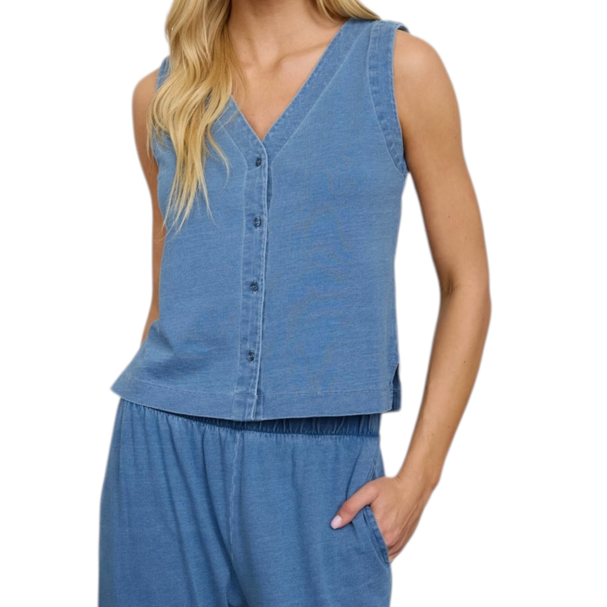 Dark Denim Knit Vest & Wide Leg Pants Set