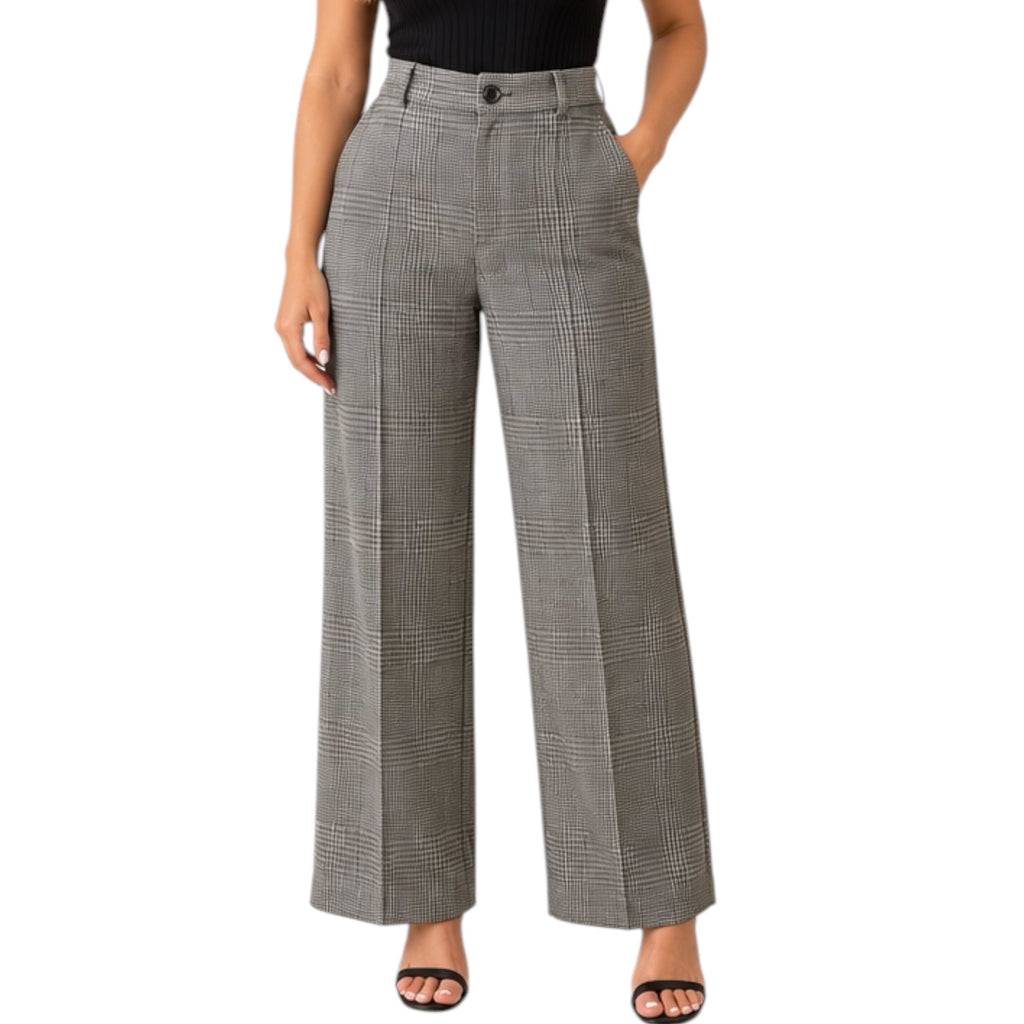 Charcoal Plaid Wide Leg Trouser Pants