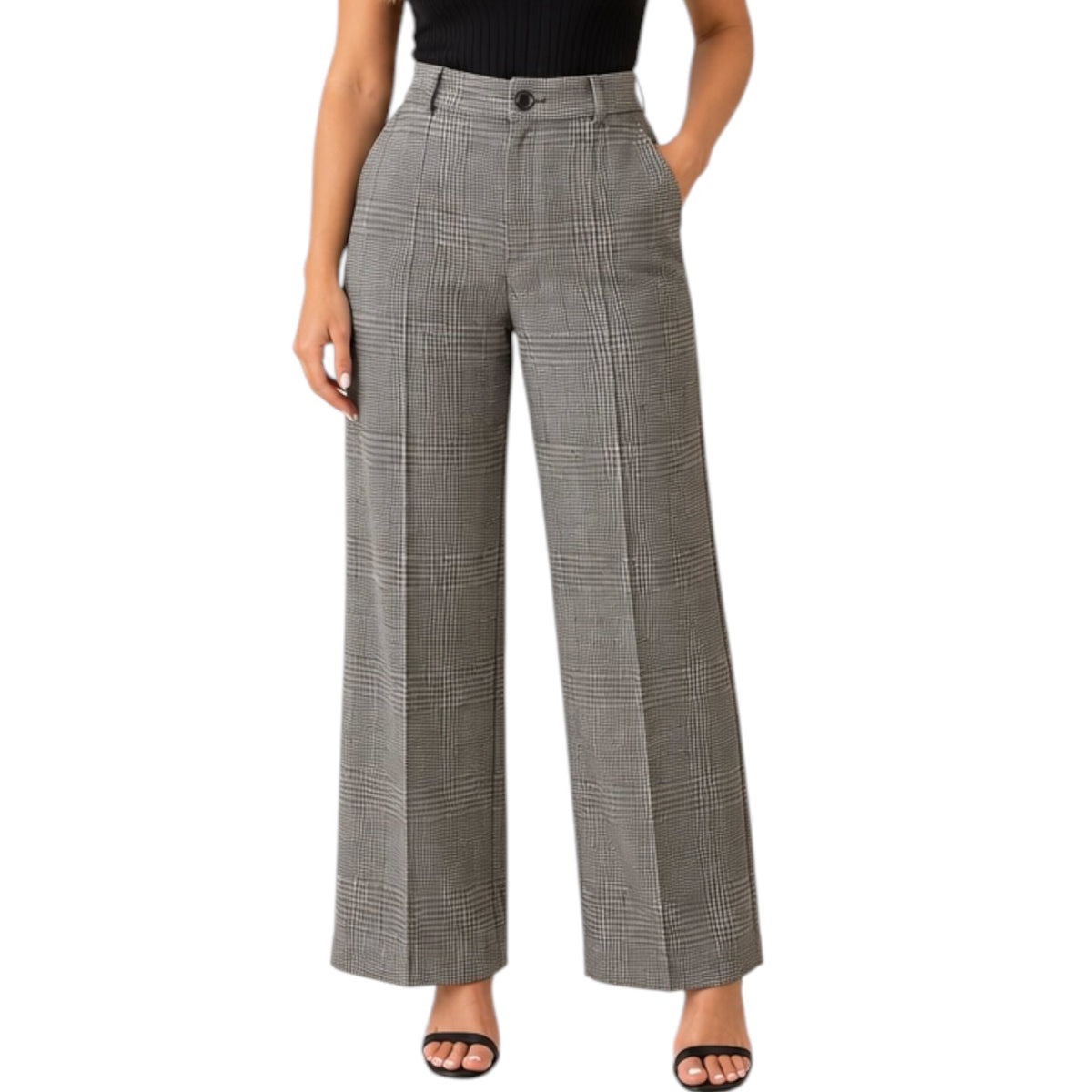 Charcoal Plaid Wide Leg Trouser Pants