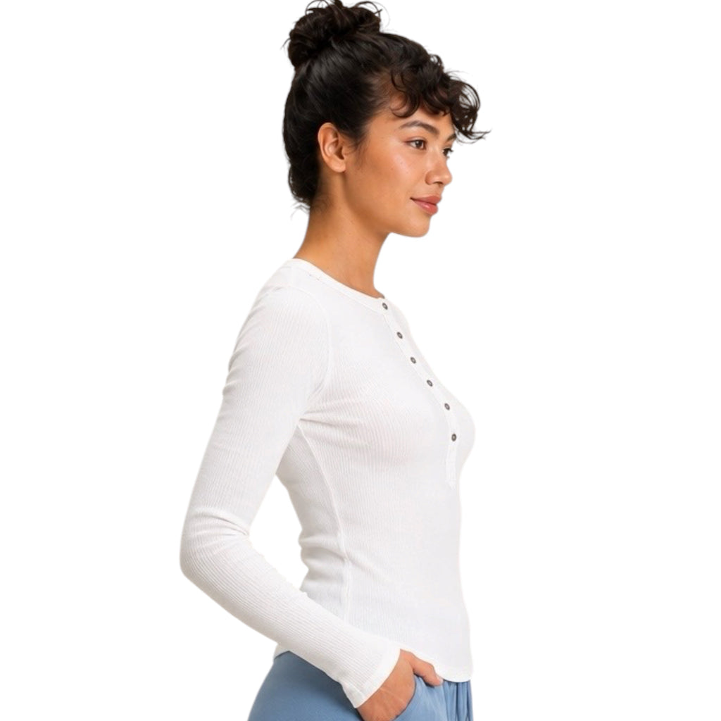 White Henley Ribbed Long Sleeve Top