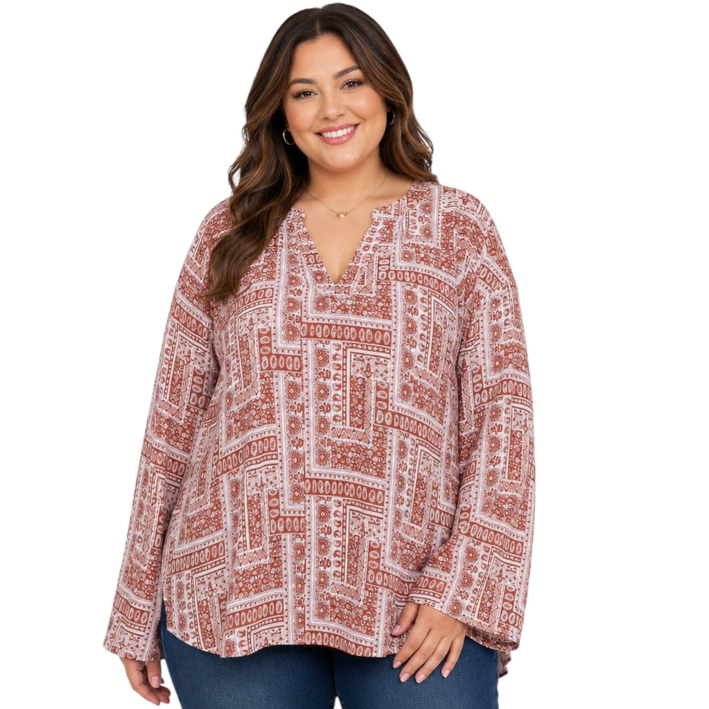 Plus Rust Print V Neck Babydoll Top