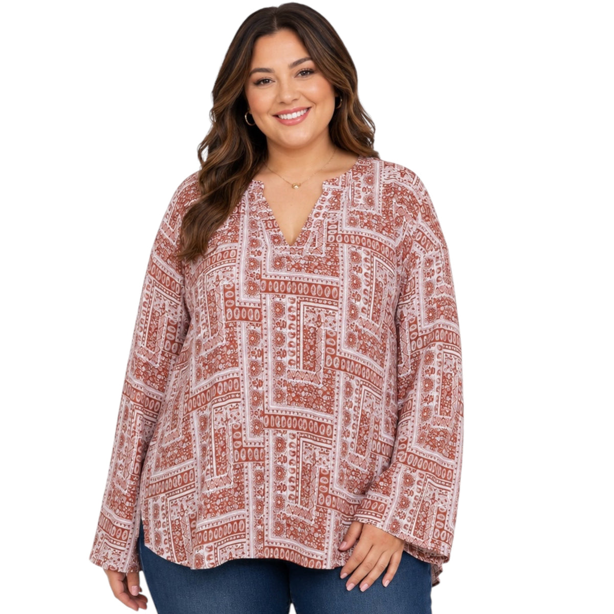 Plus Rust Print V Neck Babydoll Top