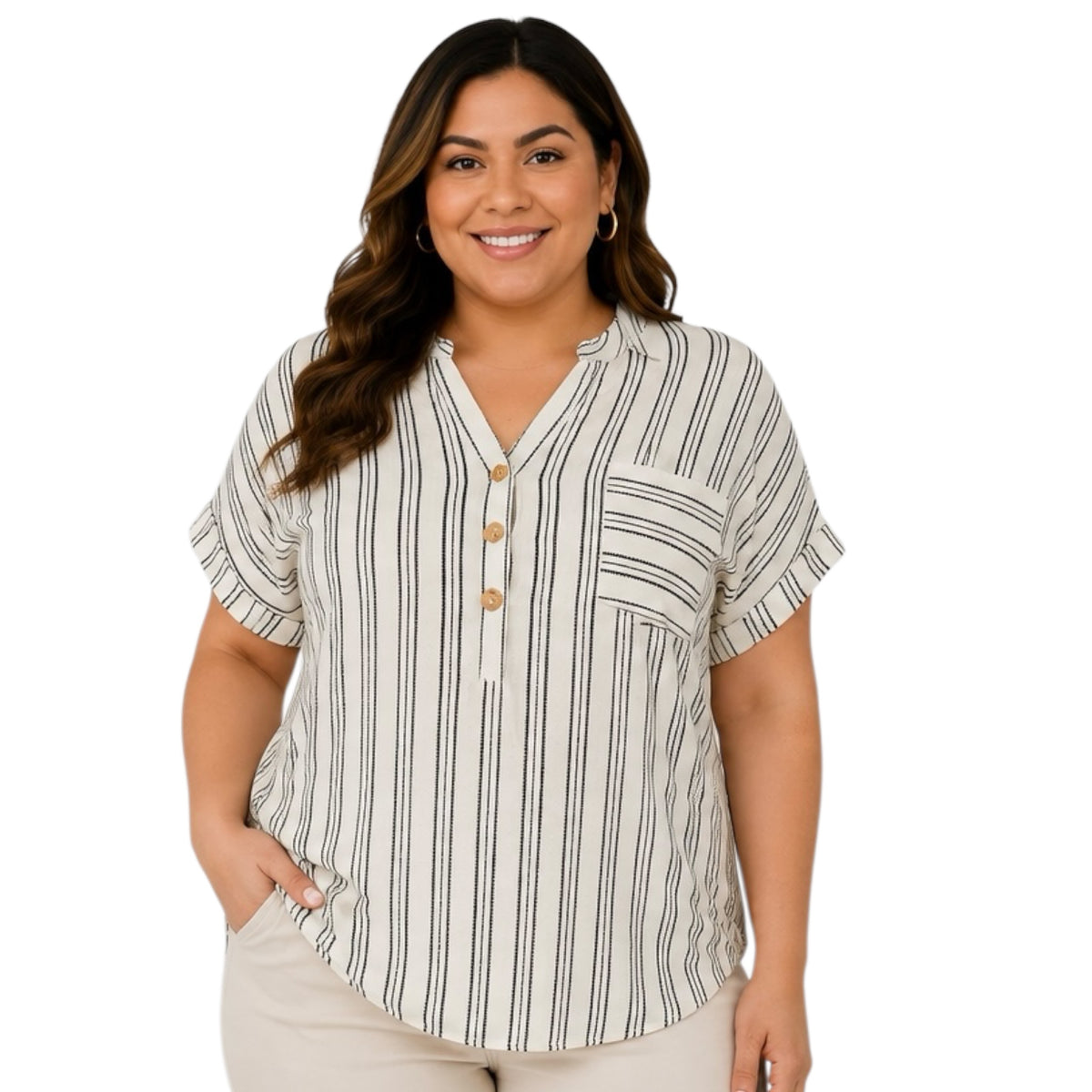 Plus Cream Stripe Half Button Top