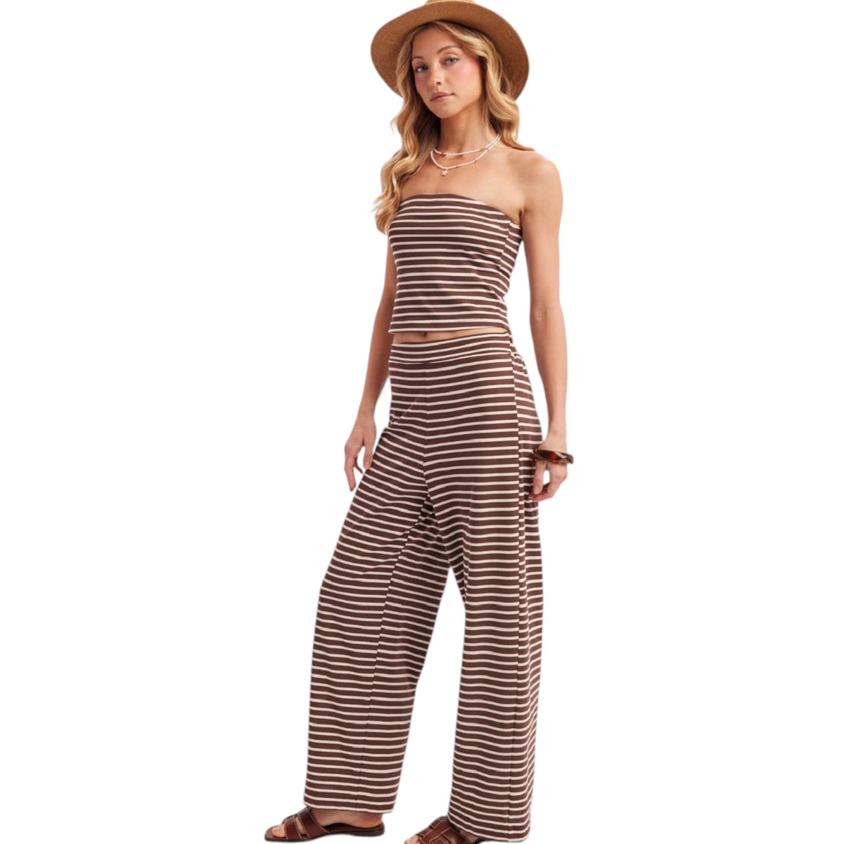 Mocha Striped Knit Tube Top and Pant Set