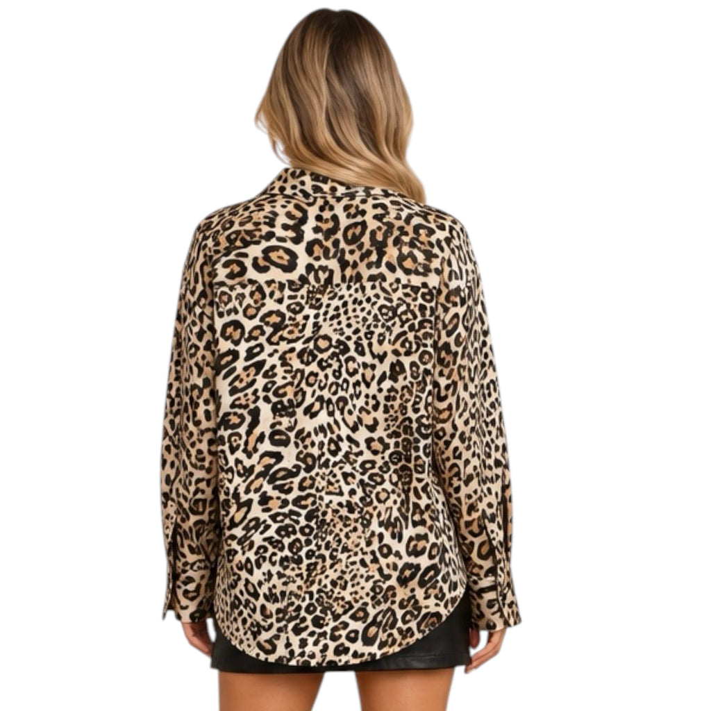 Leopard Silky Satin Button-Down Blouse