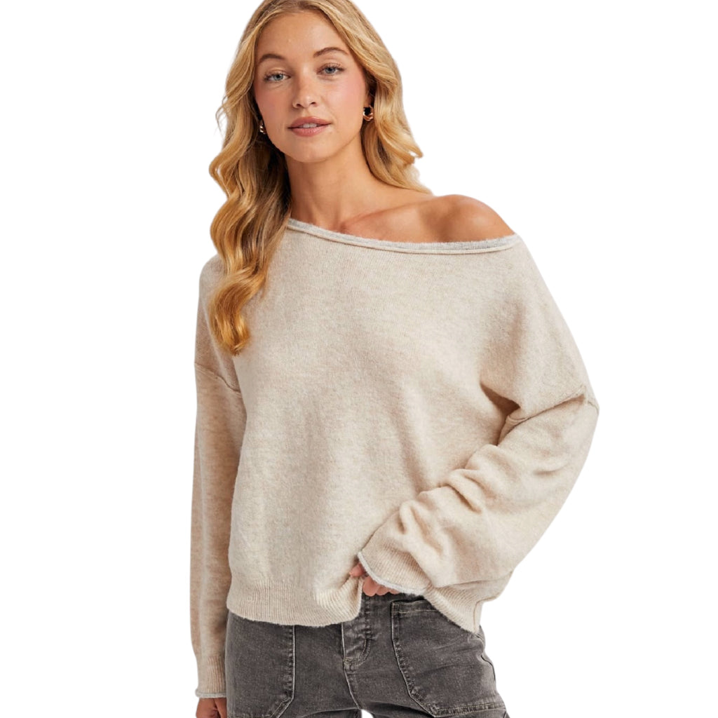 Oatmeal Boat Neck Rolled Trim Pullover