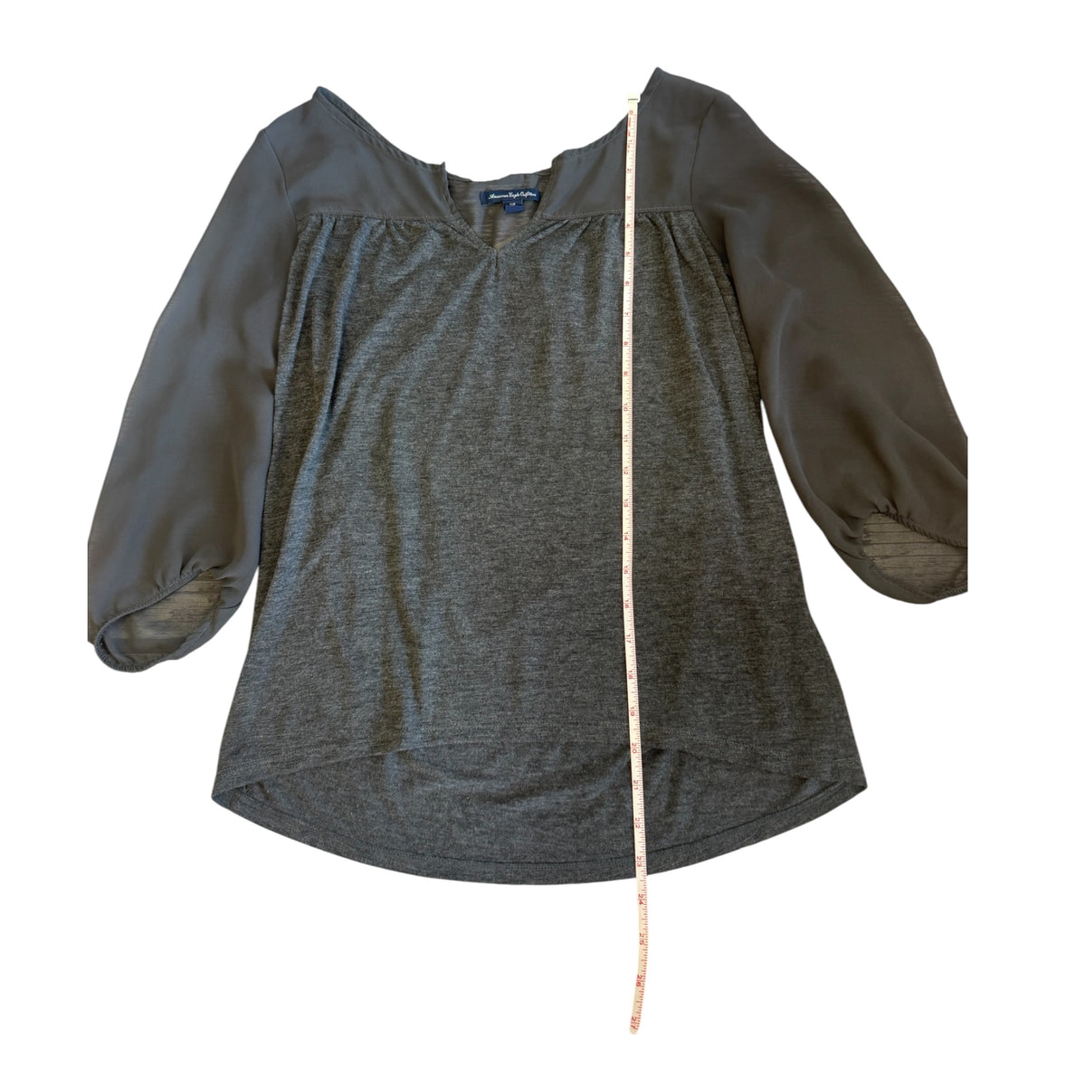 American Eagle Gray 3/4 Sheer Sleeve Blouse Size Small/Petite - RF