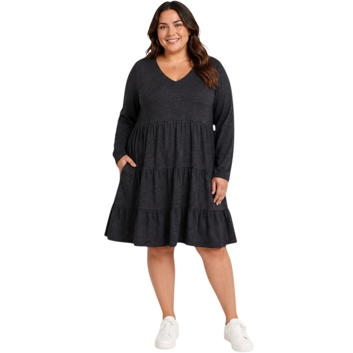 Plus Black 2 Tone Knit Tiered Dress