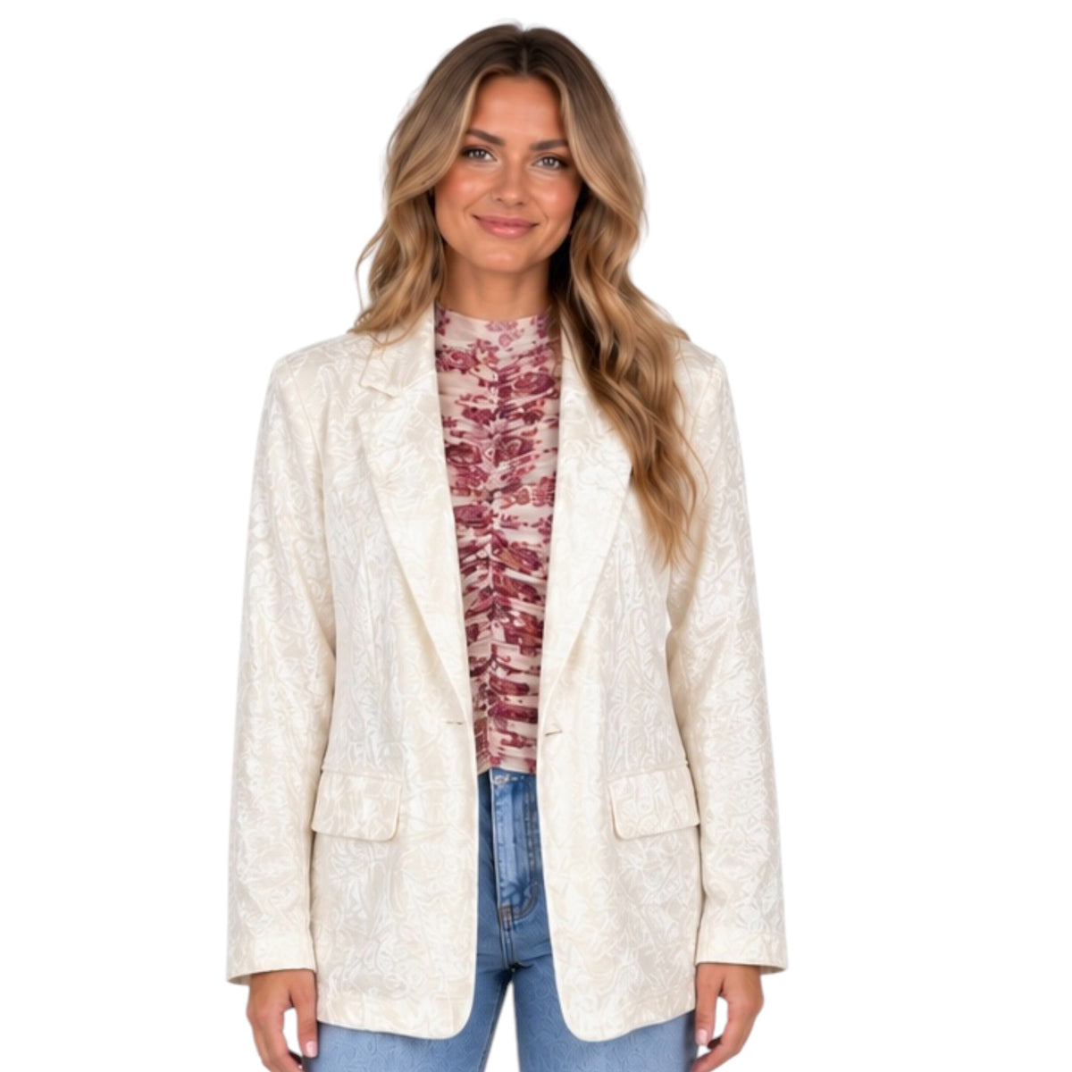 Ivory Rolled Up Sleeve Velvet Blazer