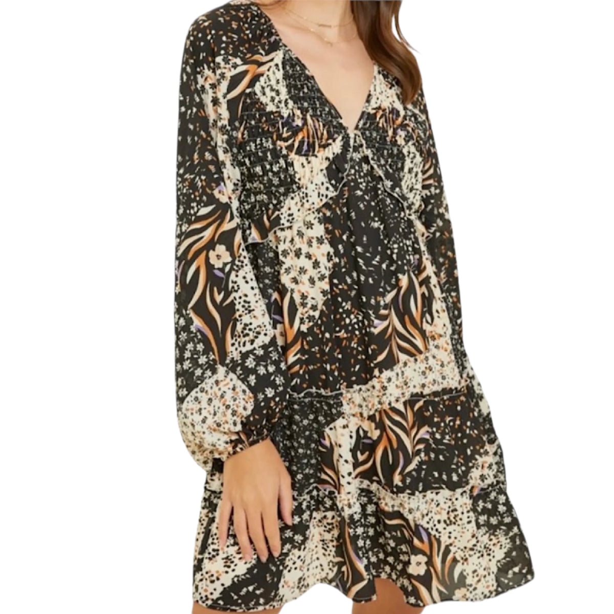 Black Multi Mixed Print V Neck Smocked Mini Dress