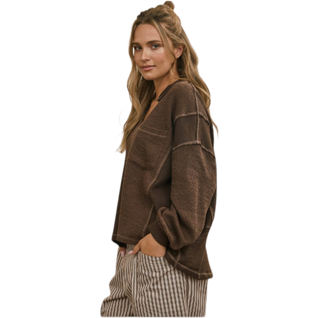 Chocolate Brown Split Neck Long Sleeve Top