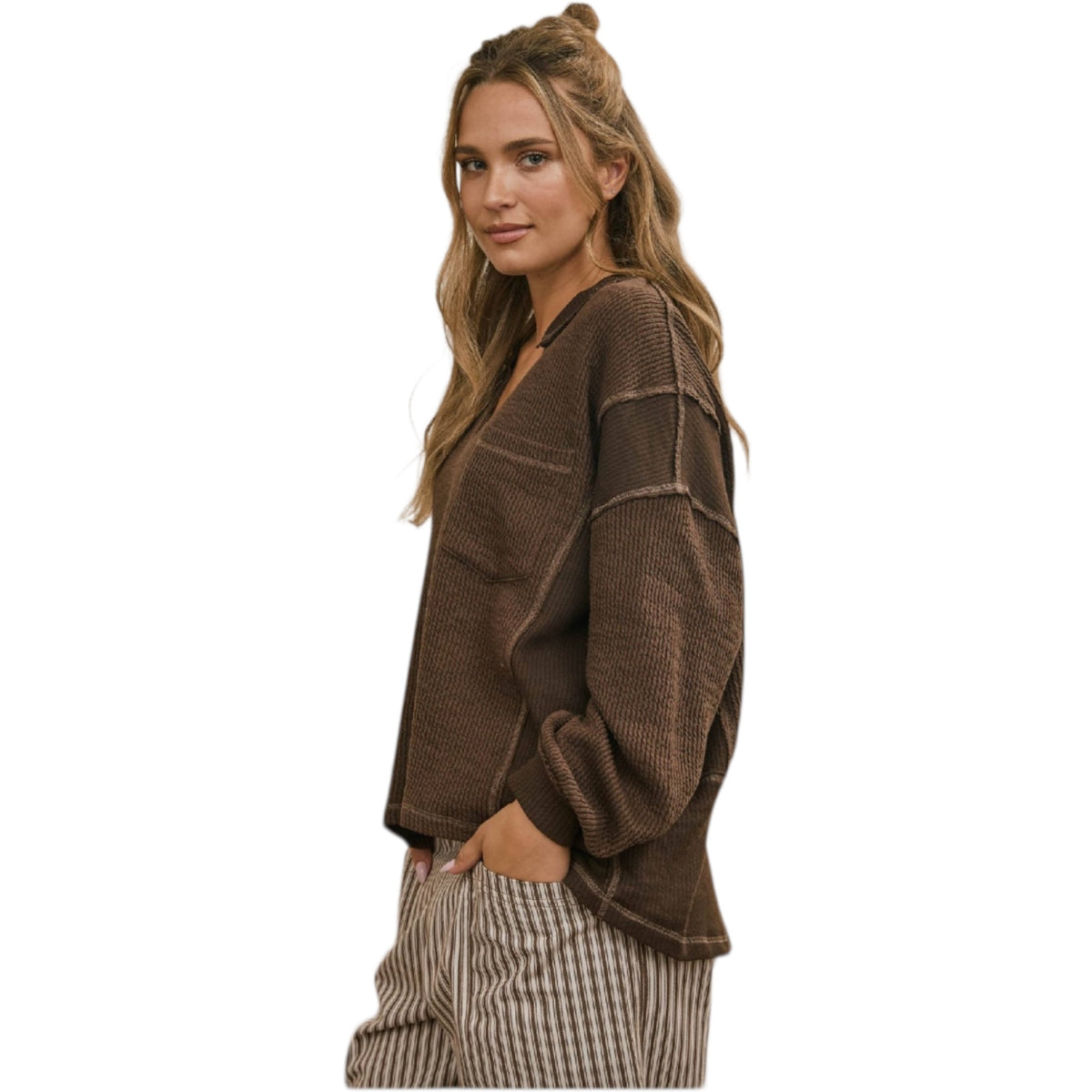 Chocolate Brown Split Neck Long Sleeve Top