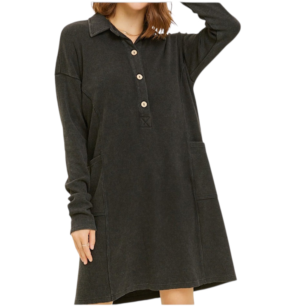 Black Mineral Washed Thermal Henley Dress with Pockets