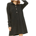 Black Mineral Washed Thermal Henley Dress with Pockets