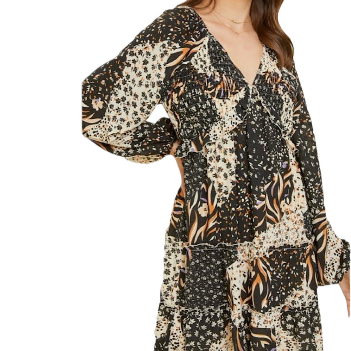 Black Multi Mixed Print V Neck Smocked Mini Dress