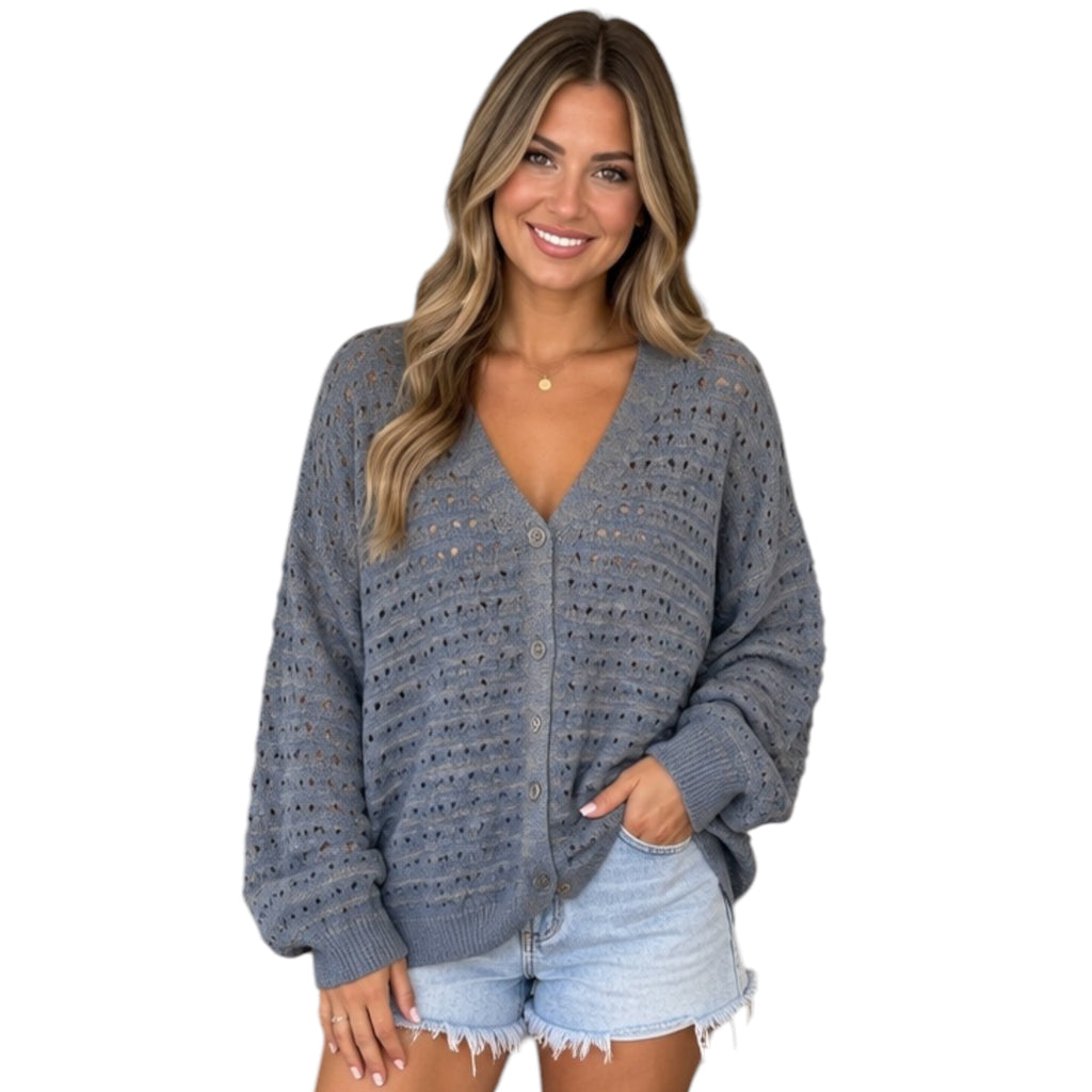 Grey Oversize Striped V-Neck Button Down Cardigan