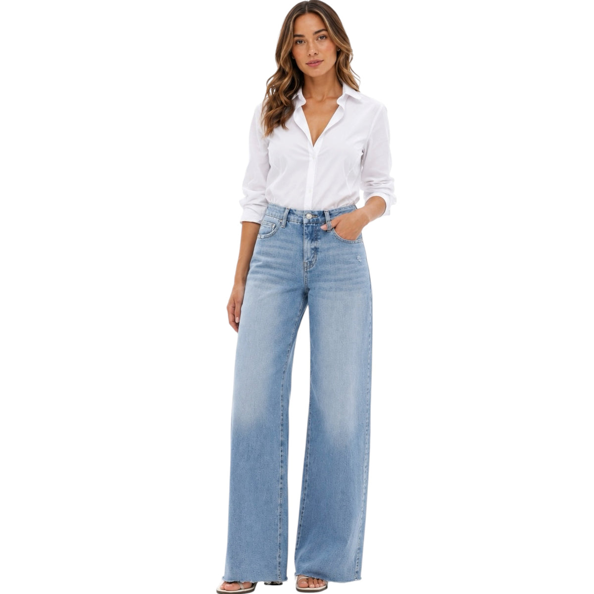 oneso OSW8019 Vintage Blue M/R Wide Leg W Raw Hem