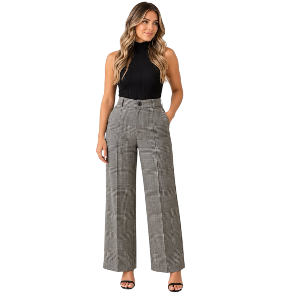 Charcoal Plaid Wide Leg Trouser Pants