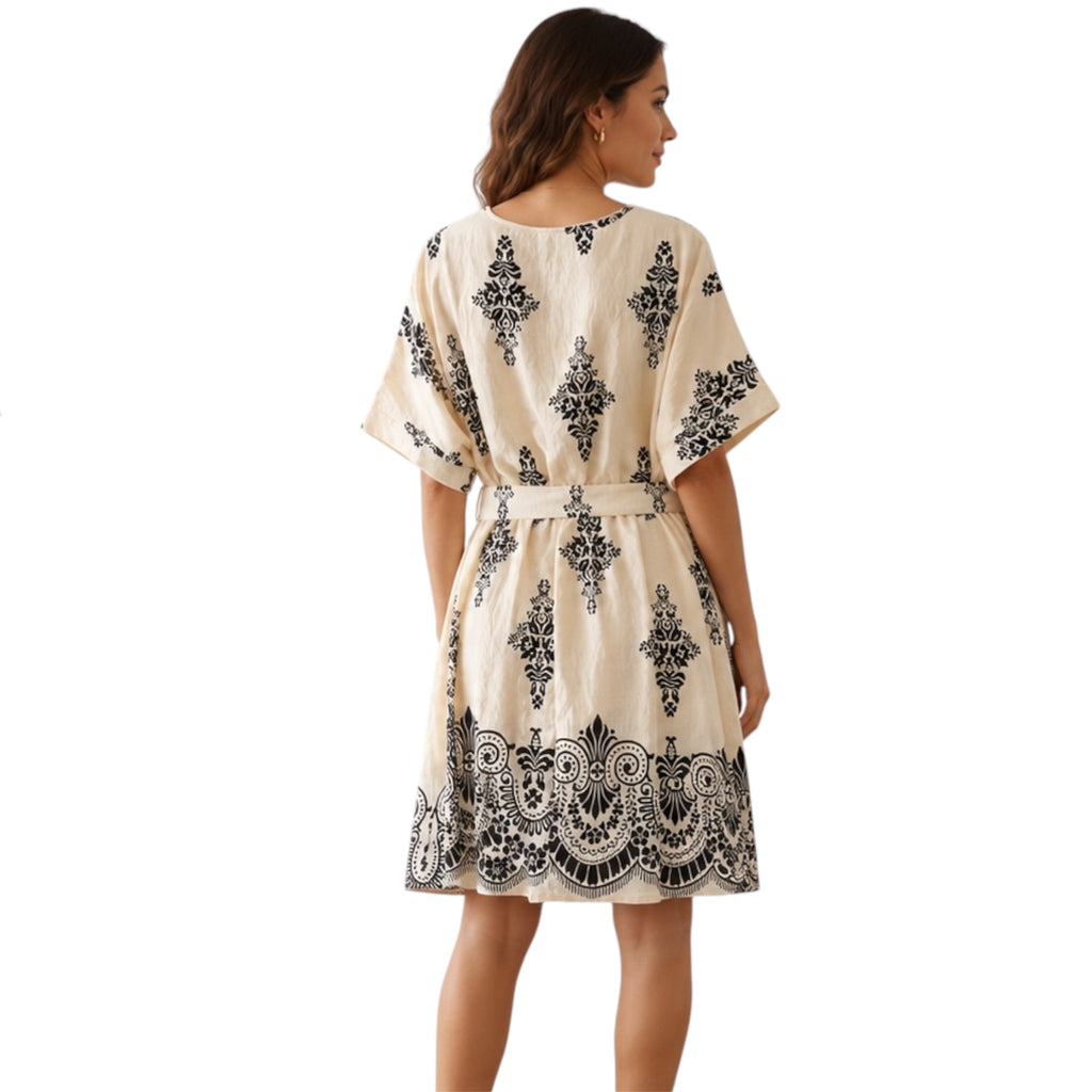 Cream Split Neck Boho Mini Dress