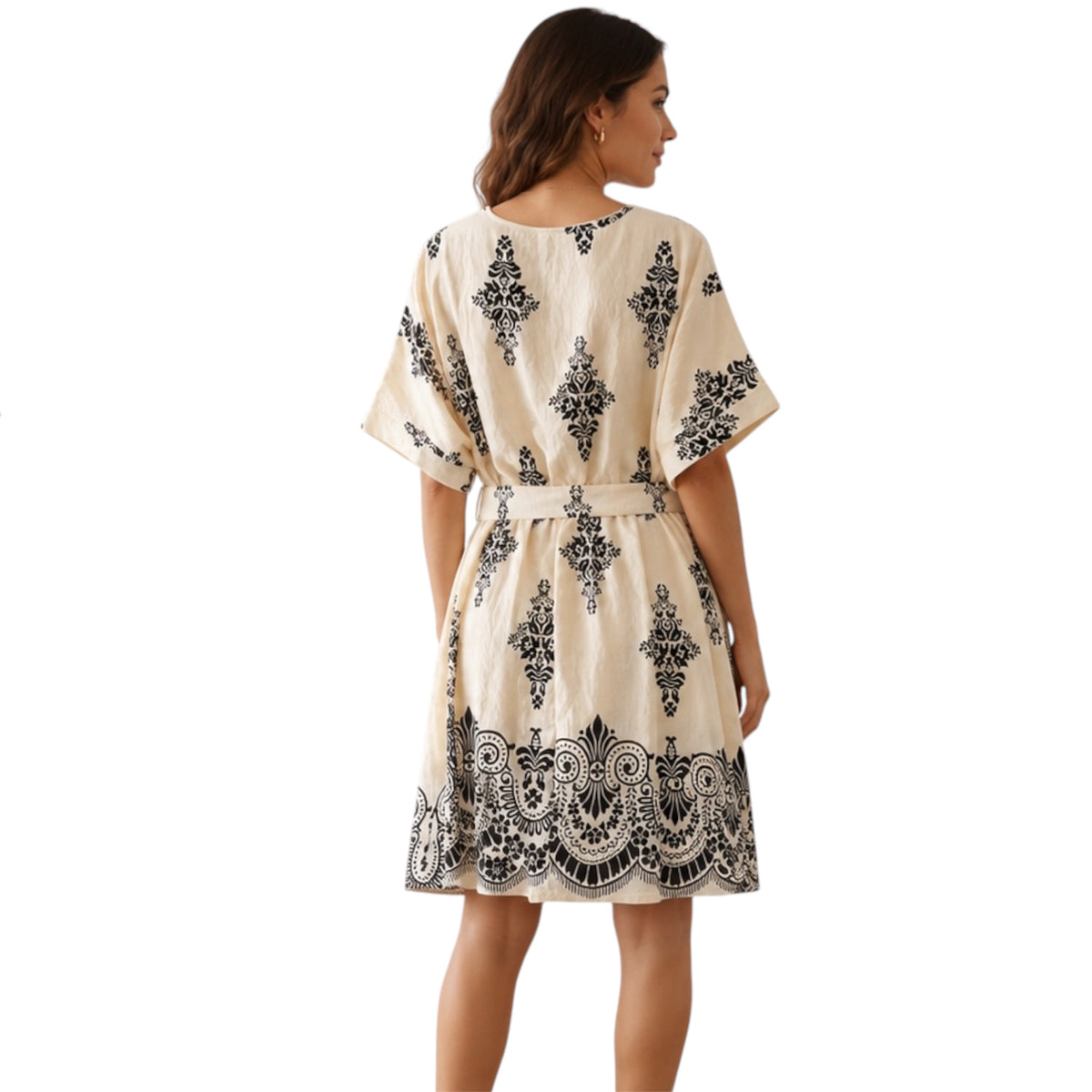 Cream Split Neck Boho Mini Dress