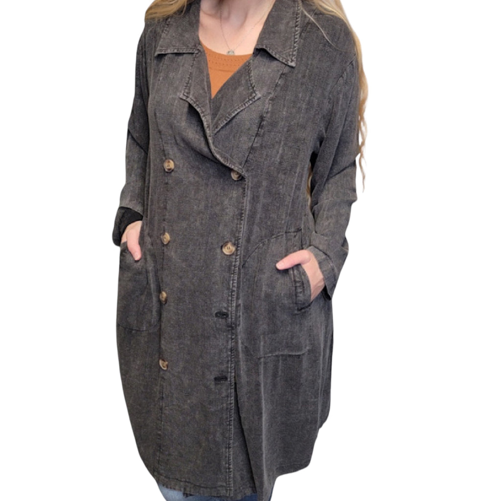 Black Washed Double Breasted Midi Trench Coat