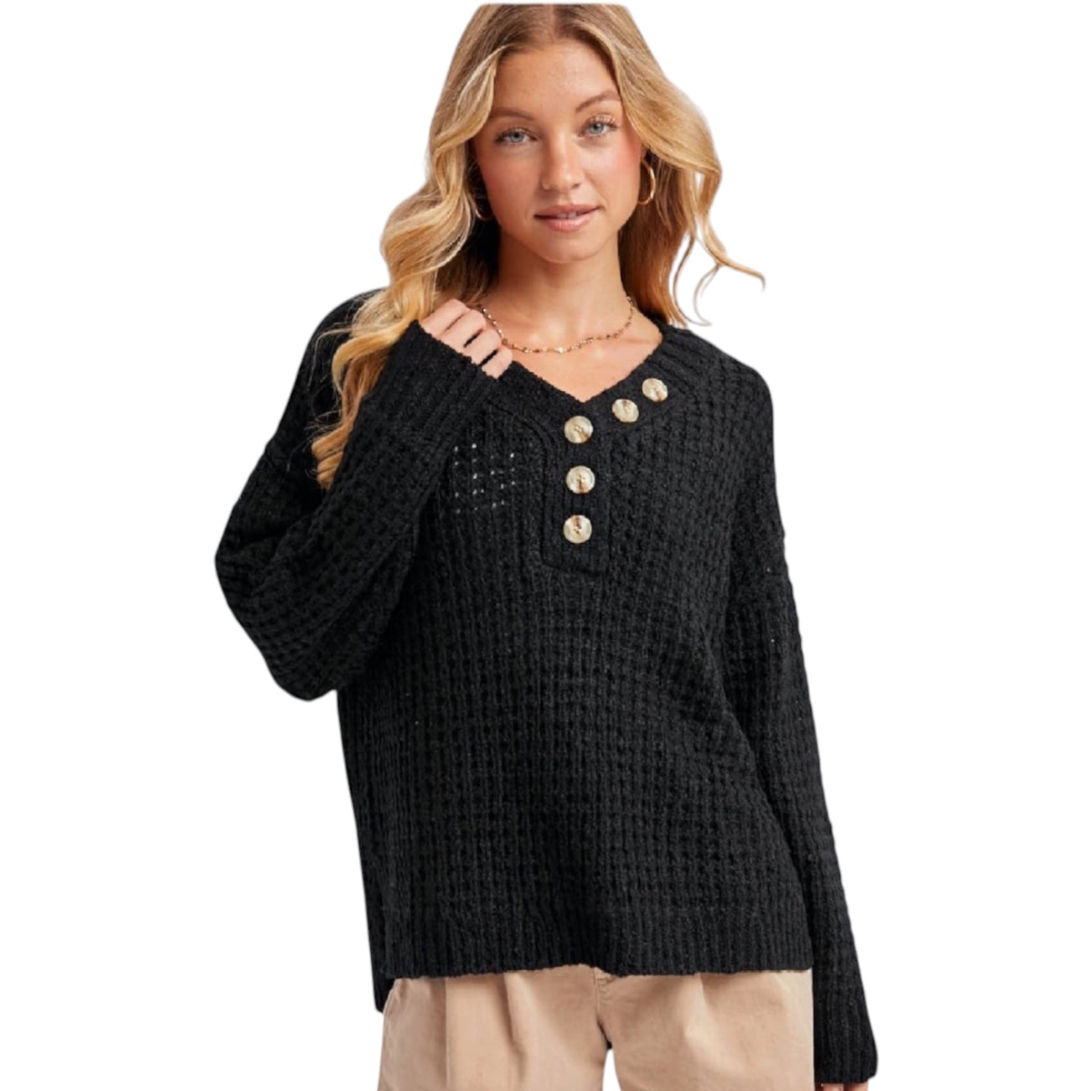 Black Thermal Henley Sweater Top