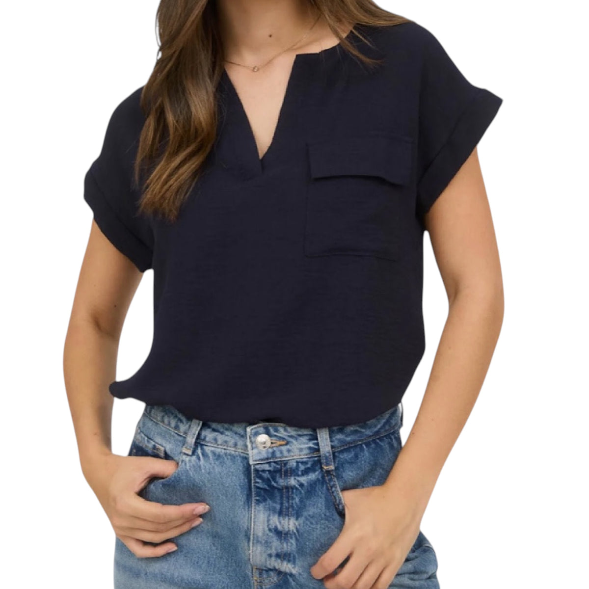 Navy Split Neck Back Button Short Fold Sleeve Blouse